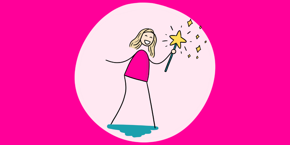 Getekende afbeelding van Arlette Vos met een toverstafje, illustratief voor het optimaliseren van je Instagram-profiel
